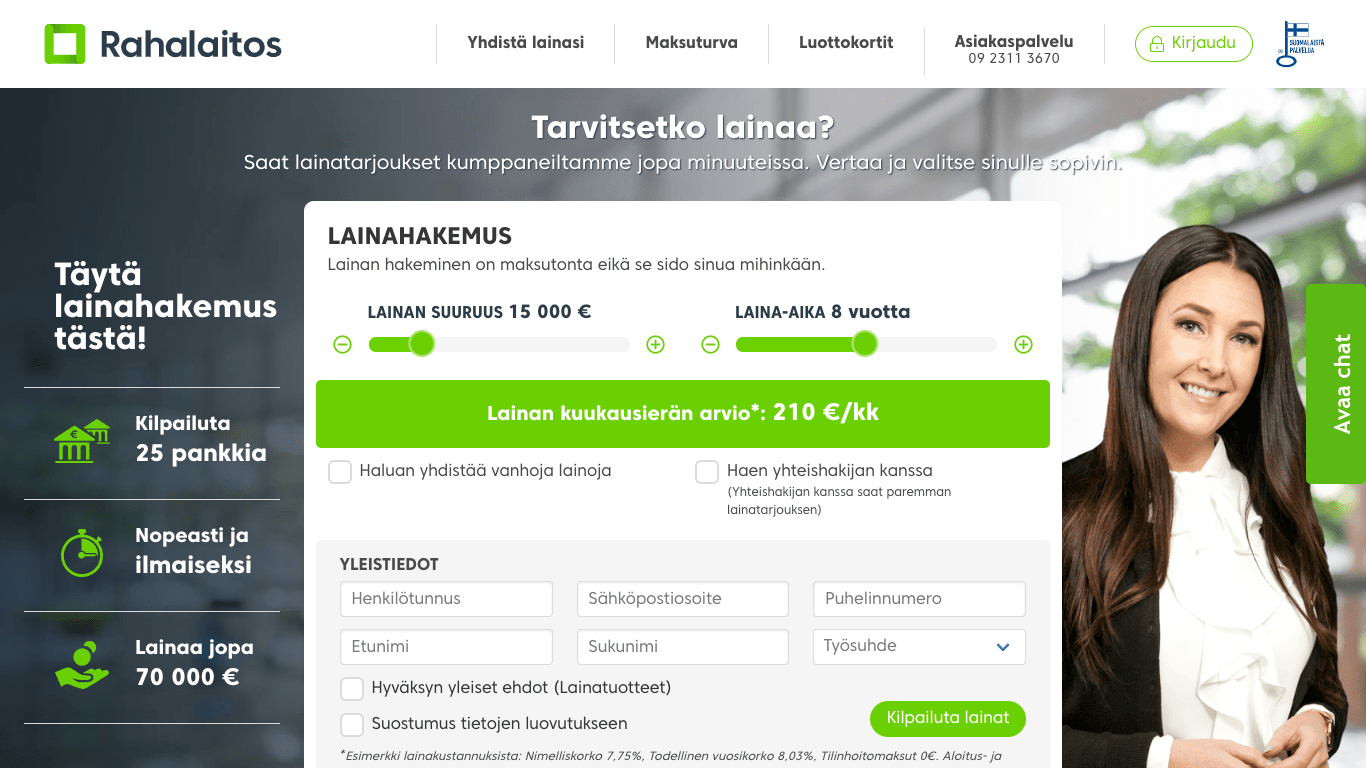 Rahalaitos kilpailuttaa lainat 70000 € asti 