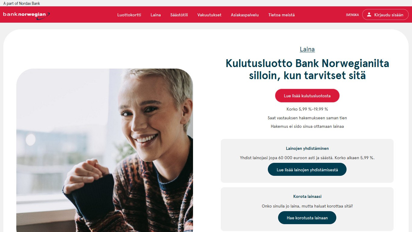 Bank Norwegian Suomi: Kulutusluottoa 1000 - 60000 € 